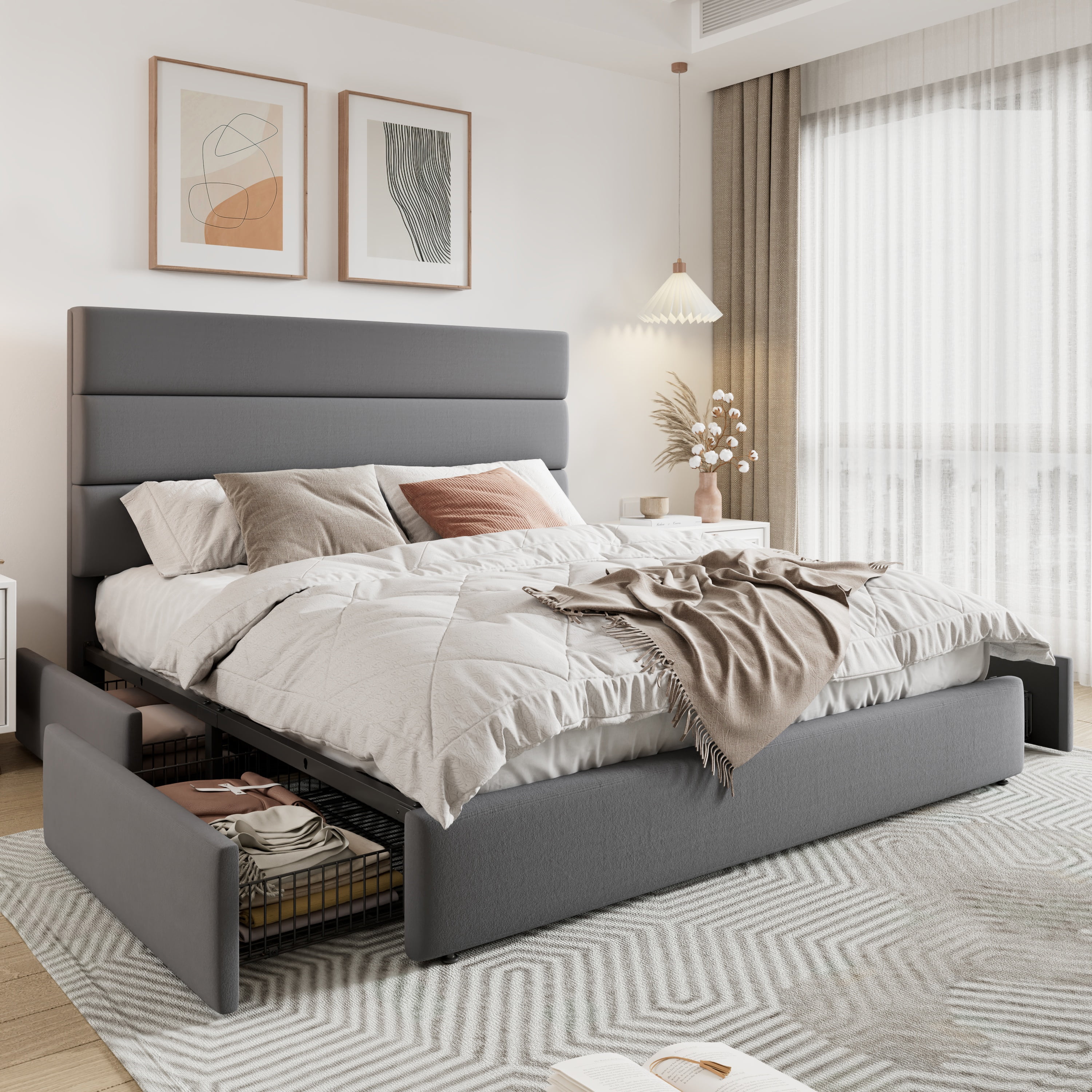 Allewie Modern Queen Size Platform Bed Frame with 4 Storage Drawers and Velvet Upholstered Headboard, Wooden Slats Support, Grey