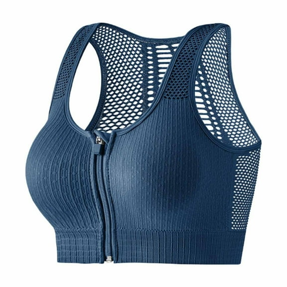 GUZOM Womens Front Zipper Racerback Mesh Sports Bra - Breathable, Stretchy, Medium Impact, Free Size, Blue