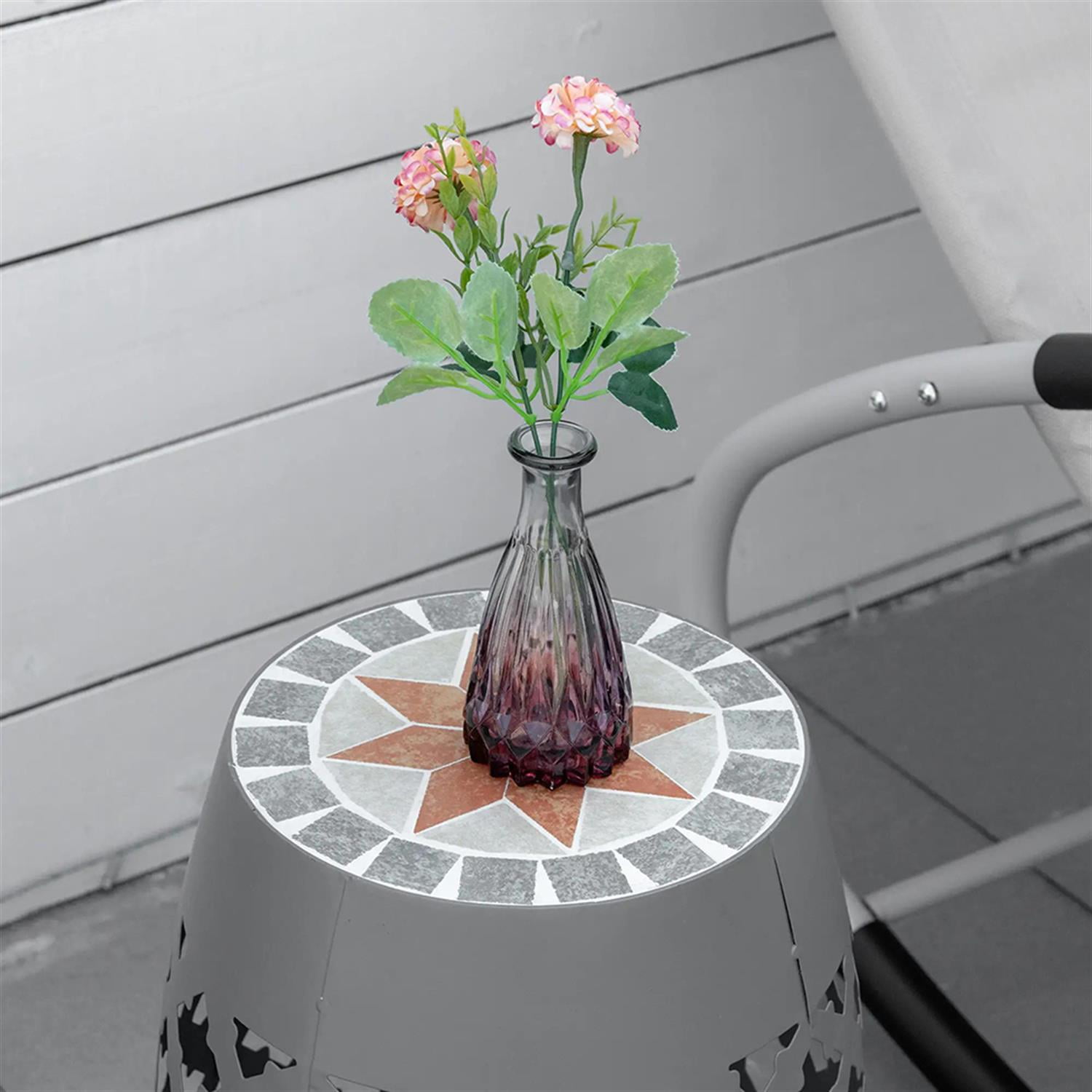 Demi Bonn 12" Patio Round Side Table, Outdoor Footstool Plant Stand, Garden Mosaic Decorative End Table for Backyard, Lawn, Balcony, Porch, Gray
