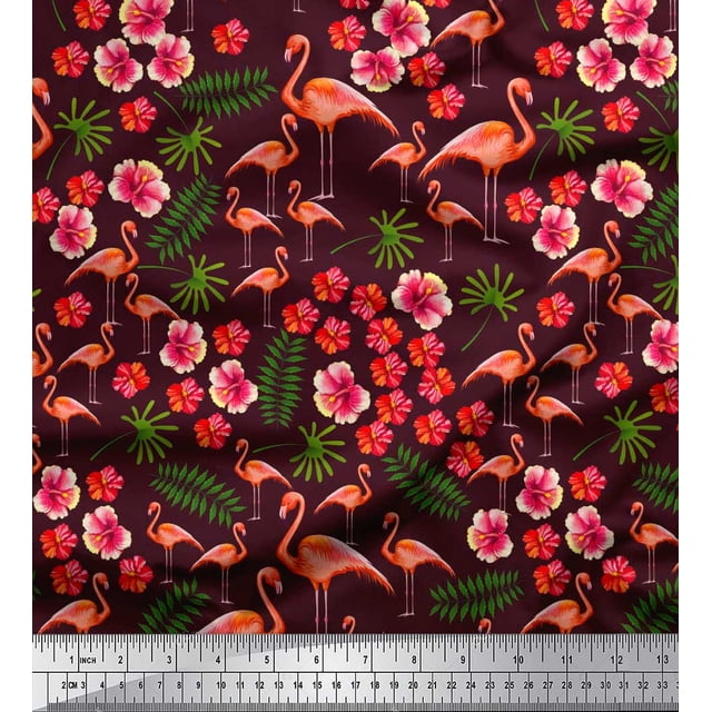 Soimoi Polyester Crepe Fabric Leaves,Floral & Flamingo Bird Print Fabric by The Yard 42 Inch Wide