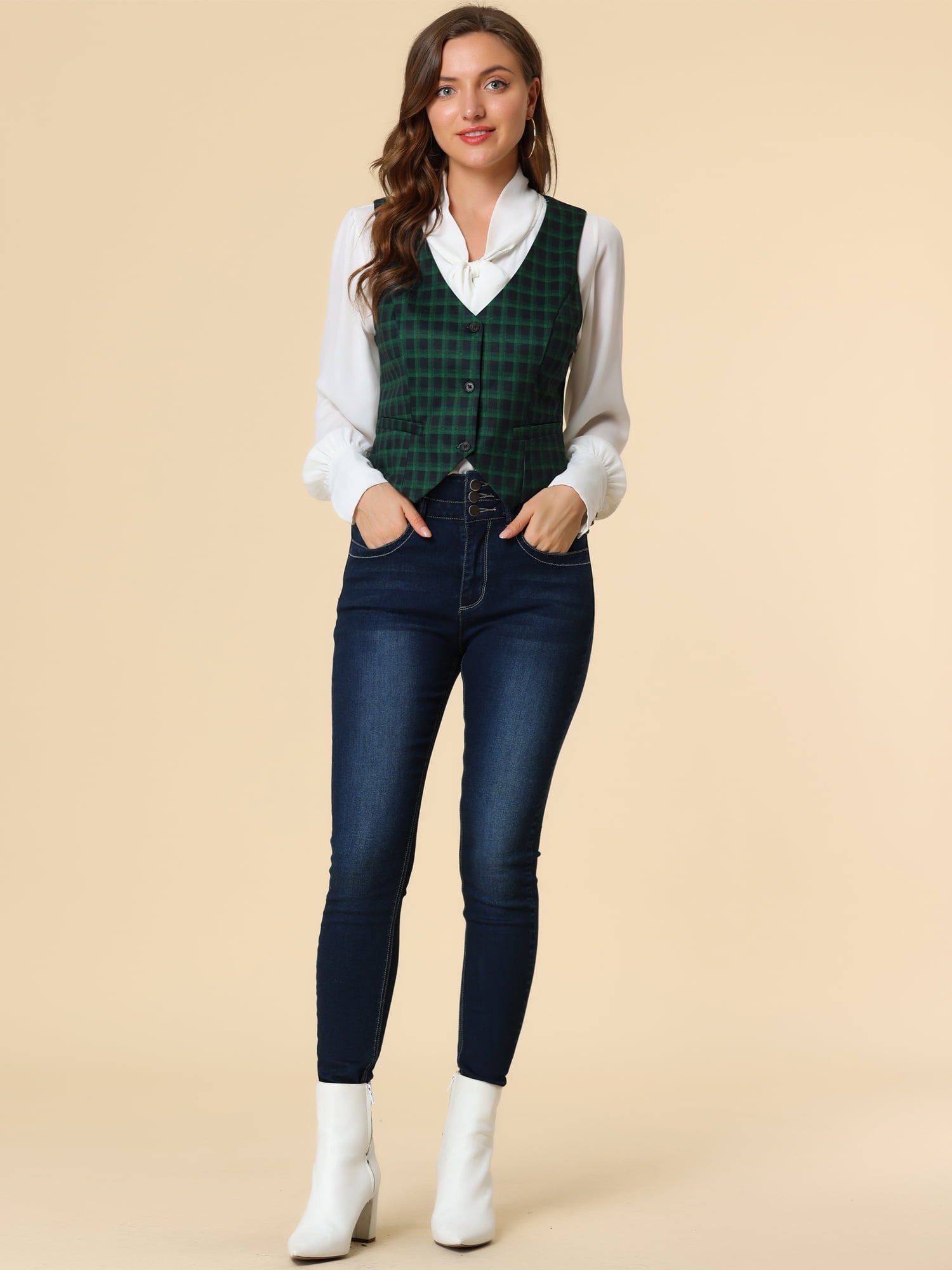 DARING DIVA Women's Cinched Waist Asymmetric Stretchy Plaid Jacket L Green