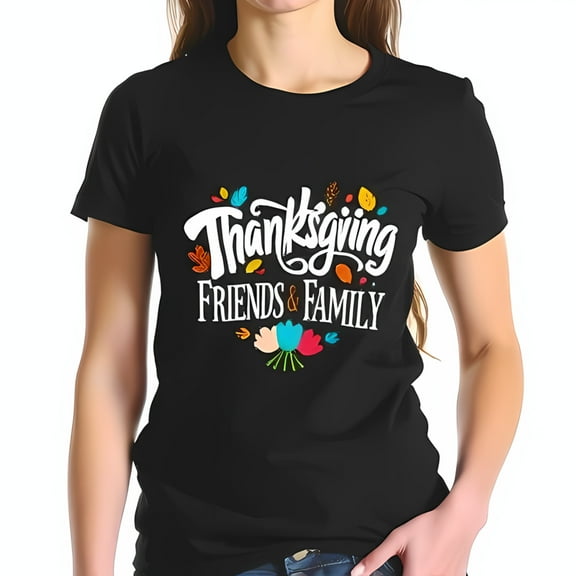 Thanksgiving Friends & Family Cotton Short Sleeve T-Shirt with Colorful Autumn Leaves Design