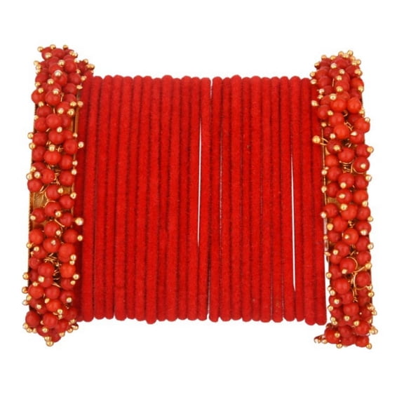 Efulgenz Indian Bangle Set Faux Pearls Beads Plain Velvet Bracelet Bangle Jewelry for Women, (26 Pcs) Size-2.4, Red