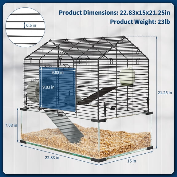MAROUTE 3-Tier Glass Hamster Cage for Syrian & Dwarf Hamsters, Spacious Small Animal Habitat with Silent Wheel, Chew-Proof Water Bottle, Food Bowl, Ceramic Hideout and Ramps,