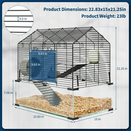 MAROUTE 3-Tier Glass Hamster Cage for Syrian & Dwarf Hamsters, Spacious Small Animal Habitat with Silent Wheel, Chew-Proof Water Bottle, Food Bowl, Ceramic Hideout and Ramps,