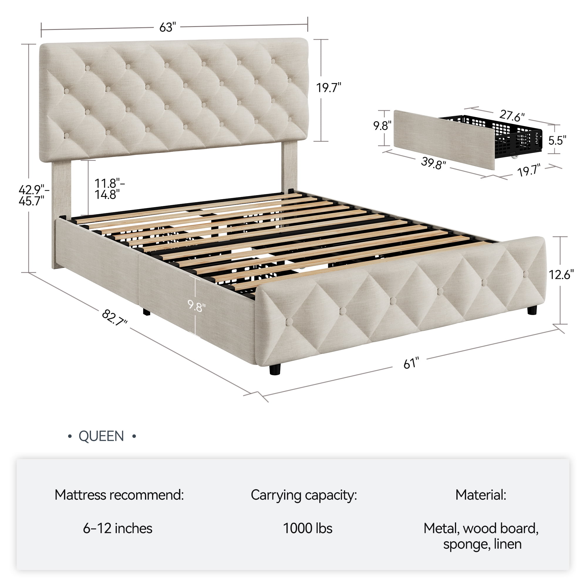 Queen Bed Frame with Headboard Adjustable, Linen Upholstered Size Platform Bed Frame with 4 Drawers, Modern Queen Bedframe, Wooden Slats Supports, No Box Spring Needed, Diamond Stitched Button, Beige