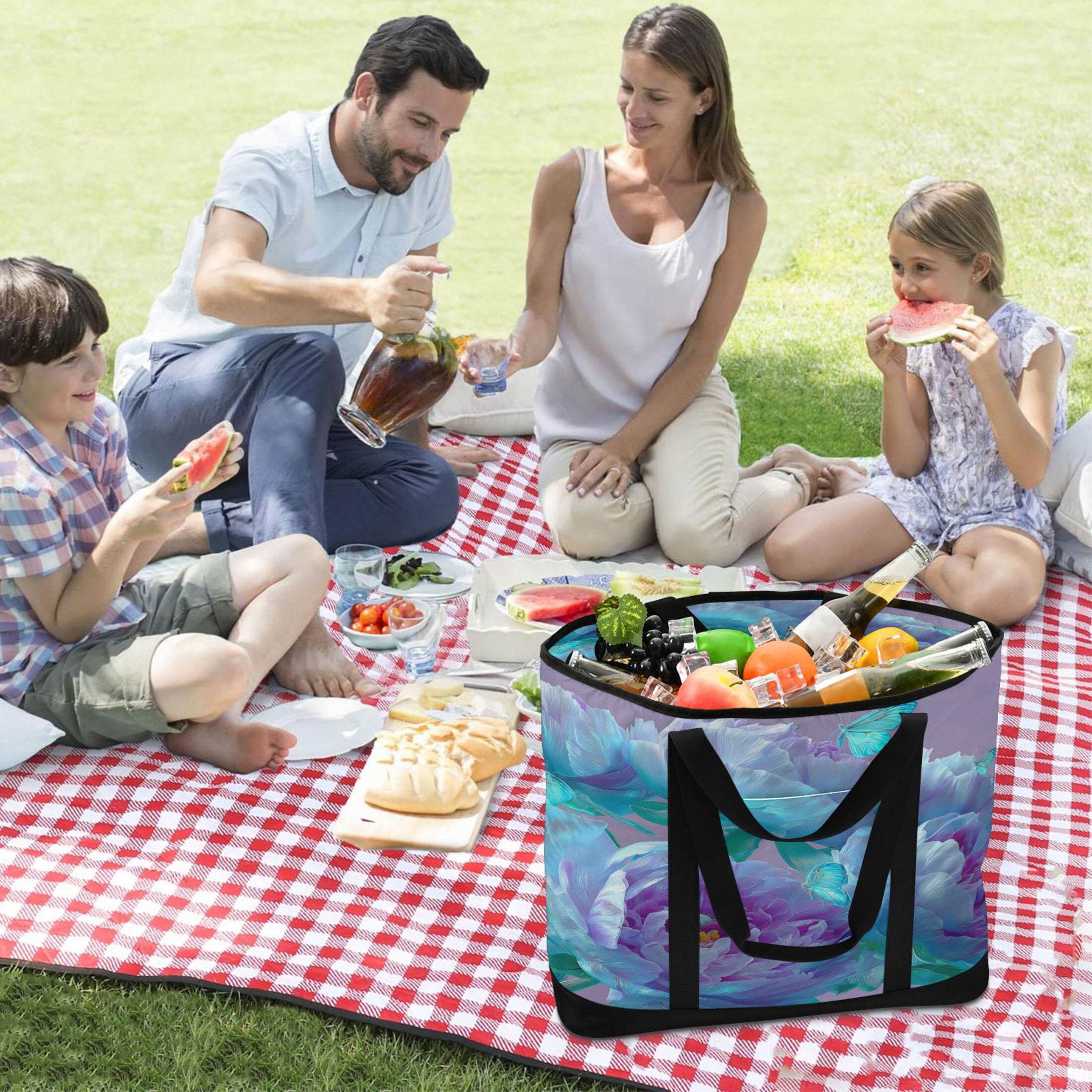 Large Hand-held Ice Pack Picnic Bag Insulation and Refrigeration Suitable for Shopping Picnics and Camping Purple Flower Butterfly