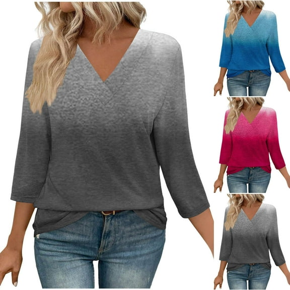 Olyvenn 3/4 Length Sleeve Womens Gradient Tops V Neck 2025 Summer Casual Tunic Tops Basic Shirts Loose Fit Blouse Hot Pink XL