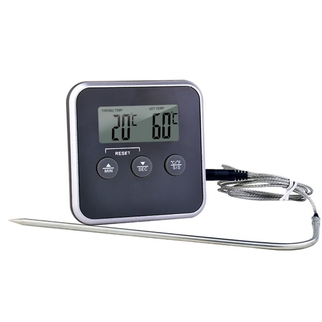Generic Black TP11 Timer-Enabled Kitchen Probe Thermometer with 0-250℃ Range, 1m Cable, and 4mm Stainless Steel Probe