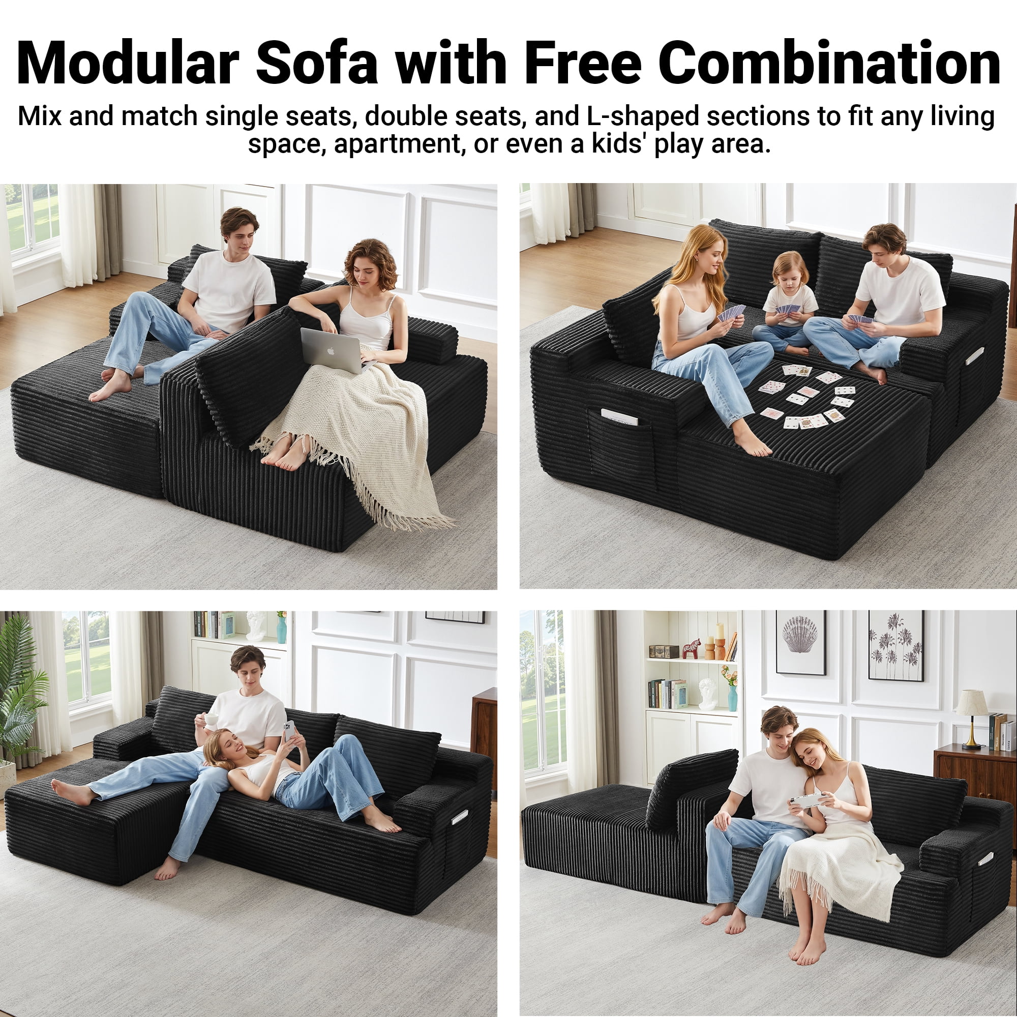 Vanress 96 Inch Modular Sectional Couches for Living Room, Modern Boneless Sofa, Upholstered Deep Seat Cloud Couch, Corduroy Comfy L-Shape Sofas Couches, No Assembly, Black (Left Facing Chaise)