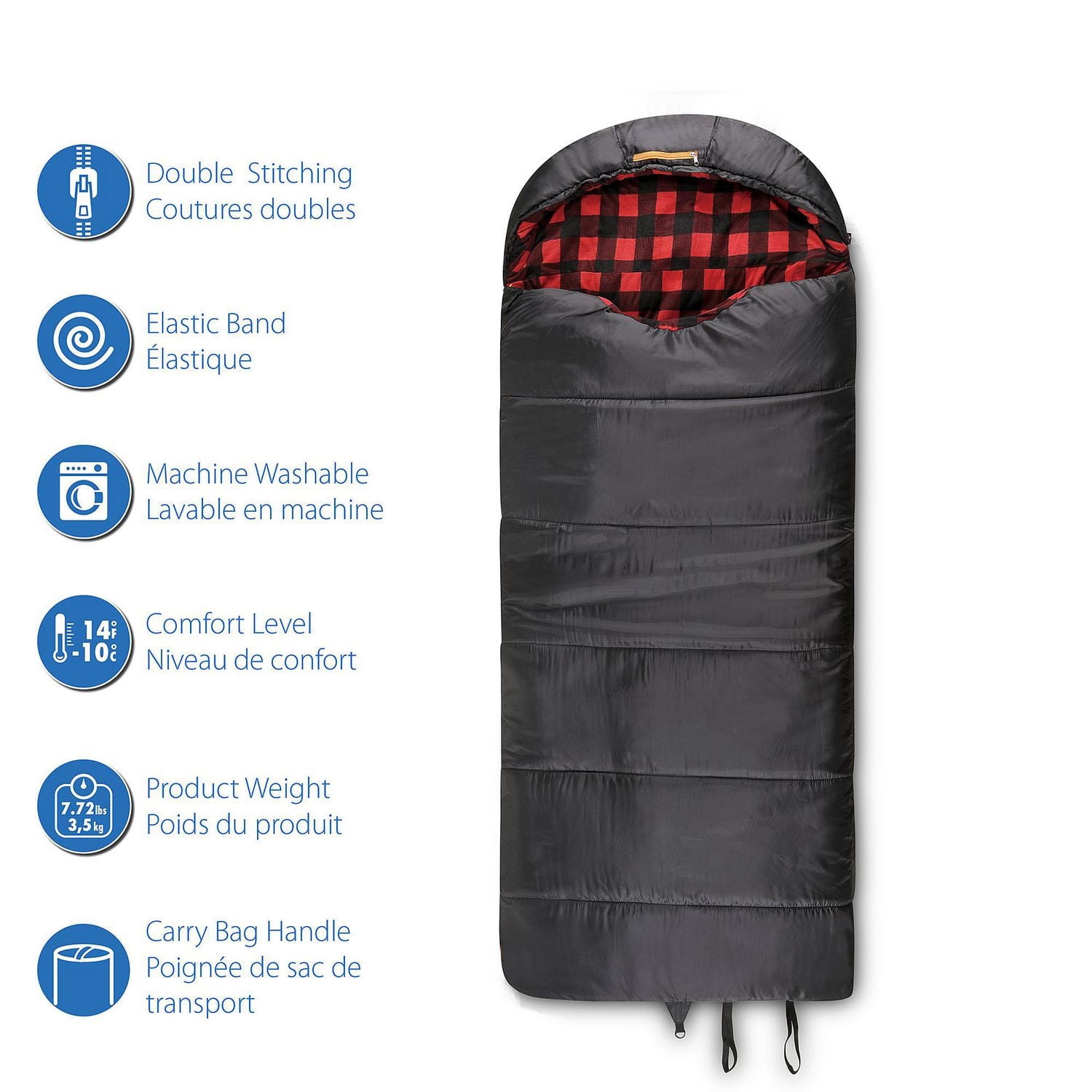 Sac de couchage Ozark Trail -10 °C, 216 cm (L) x 89 cm (l), température nominale +14 °F/-10 °C, extérieur en polyester, noir Sac de couchage
