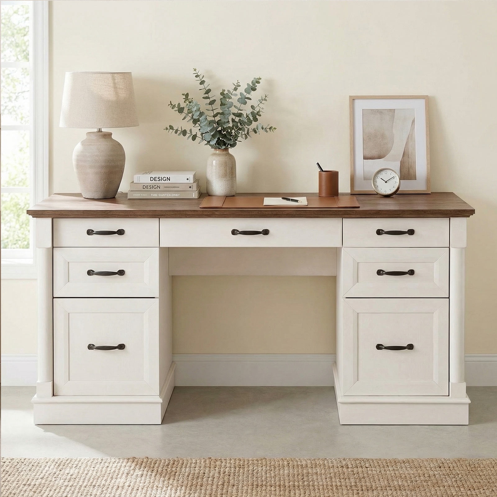 EDX Wood Computer Writing Desk Farmhouse Executive Desk, Rustic Office Desk with Charging Station and Keyboard Tray,Home Workstations with File Drawer, Storage Cabinet, White