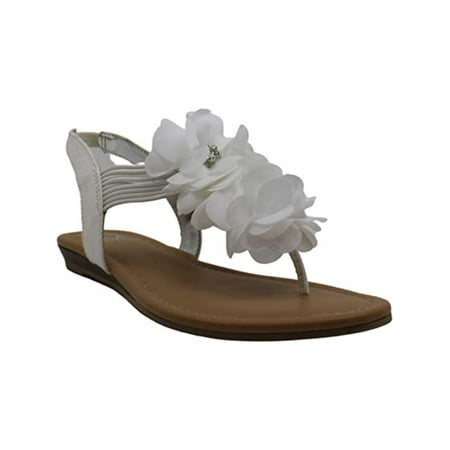 

MATERIAL GIRL Womens White Floral Slingback Stretch Rhinestone Sari Round Toe Wedge Slip On Thong Sandals 8.5 M