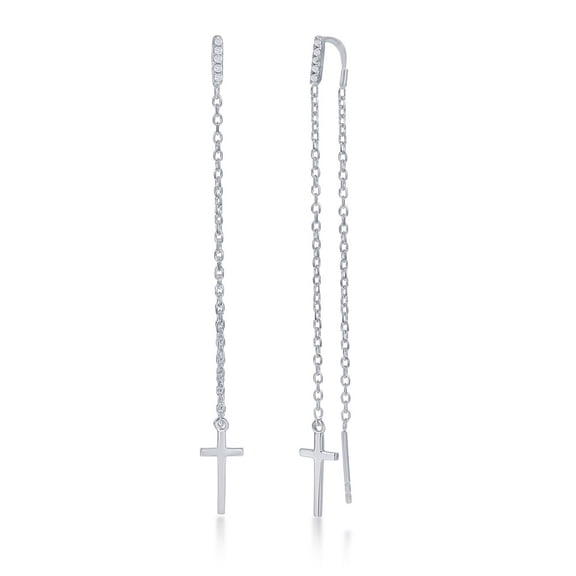 TheJewelryHut Designer Sterling Silver Cross with Hanging Bar Chain Threader Earrings