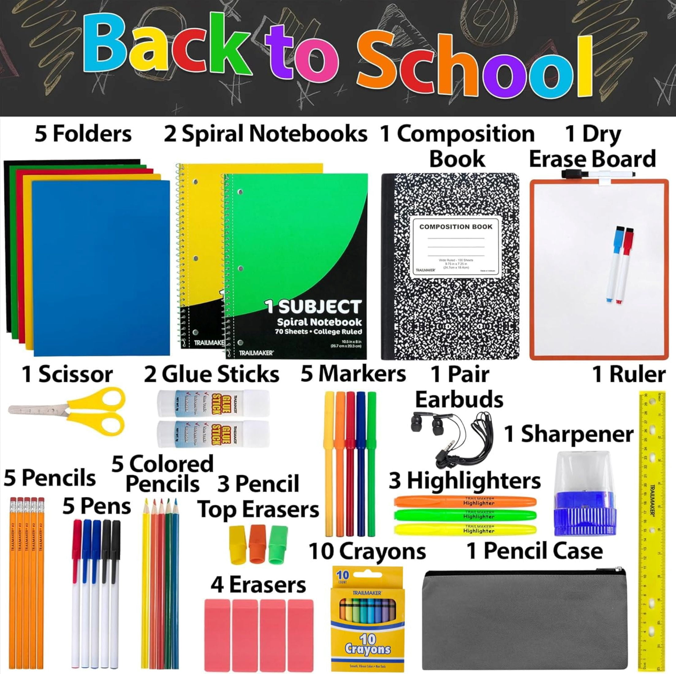Single 60 Piece Stationary Supplies Kit Containing Spiral Notebooks, Composition Notebook, Folders, Dry Erase Board, Dry Erase Markers, No. 2 Pencils, Pens, Erasers, Markers & More!