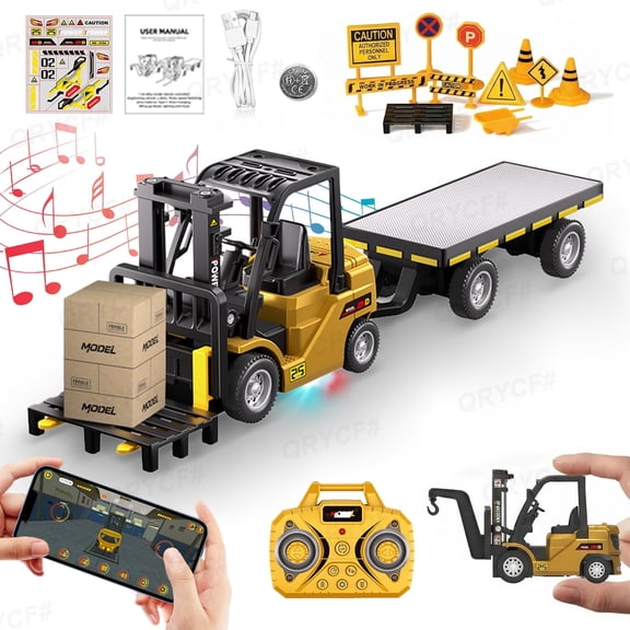 Remote Control Forklift with Trailer, 1/64 Mini RC Forklift Toys with Lights & Sound, RC Construction Vehicles for Boys Christmas Birthday Gifts