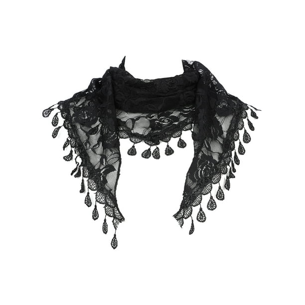 INSPIRAR CHIC Chal de Encaje Rosa Floral, Chal Triangular de Malla con Borlas, Cubierta de Cabeza de Capilla, Velos de Novia para Misa 55.1x18.9" Negro