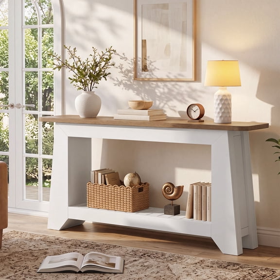 63" Modern Rustic Console Table with Slatted Shelf, White & Brown Entryway Table for Hallway