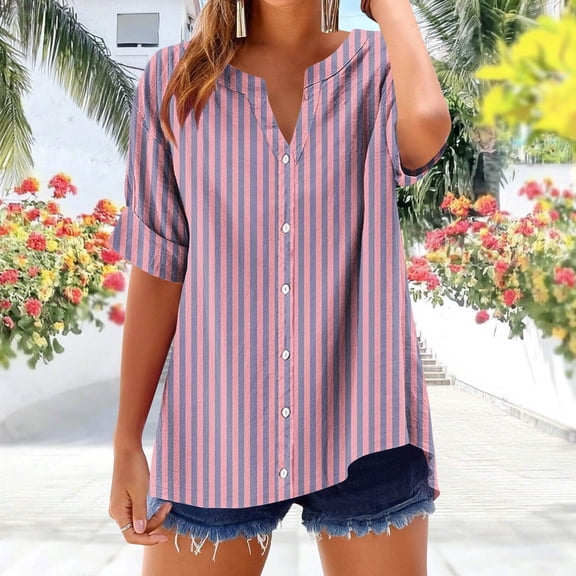 Xuyuer Women's V-neck Short Sleeved Non Positioning Printed Summer Button Short Sleeved Loose And Fashionable T-shirt