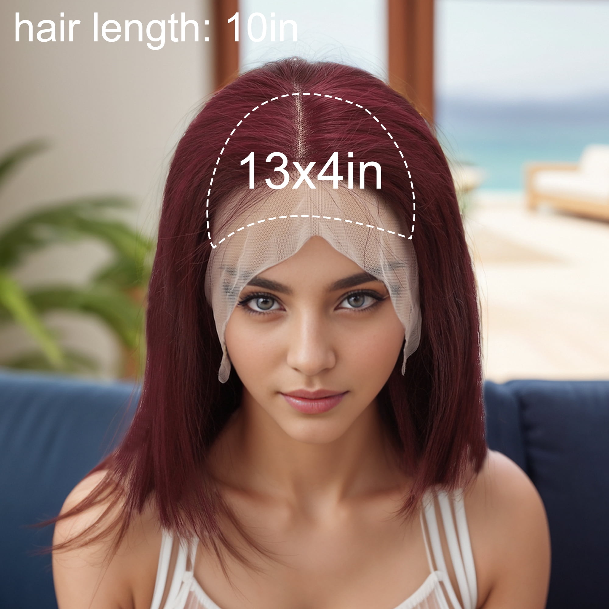 Unique Bargains  1 Pc Straight Long Hair Hair Wig Real Human Hair 10in 13x4in 180 Human Wig Red for Women