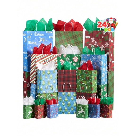24 PCS Bulk Gift Bags with Handles - 4 Sizes (15X12X5/12X10X5/9X7X4/7X5X3 Inches) for Holiday Wrapping, Christmas Goody Bags
