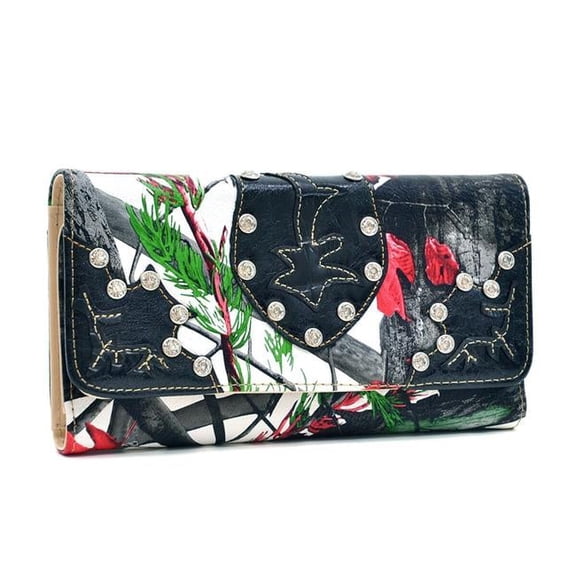 Ritz WB145-RD-CAM 7.5 x 4.5 in. Western Rhinestone Bling Leaf Designed Wallet, Red & Cam