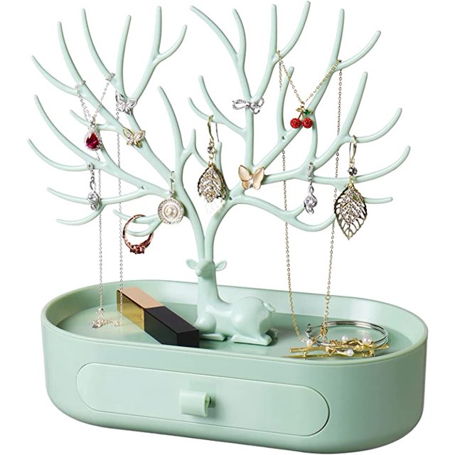 Árbol de exhibición de joyería, soporte de plástico para árbol de joyería con cajones, soporte de joyería para pendientes, collares, pulseras, relojes y anillos (verde) JM