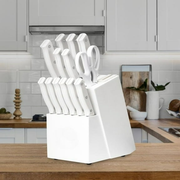 Knife Set, 15 Piece Kitchen Knife Set with Block Self Sharpening, Stainless Steel Dishwasher Safe, Anti-slip Handle, White