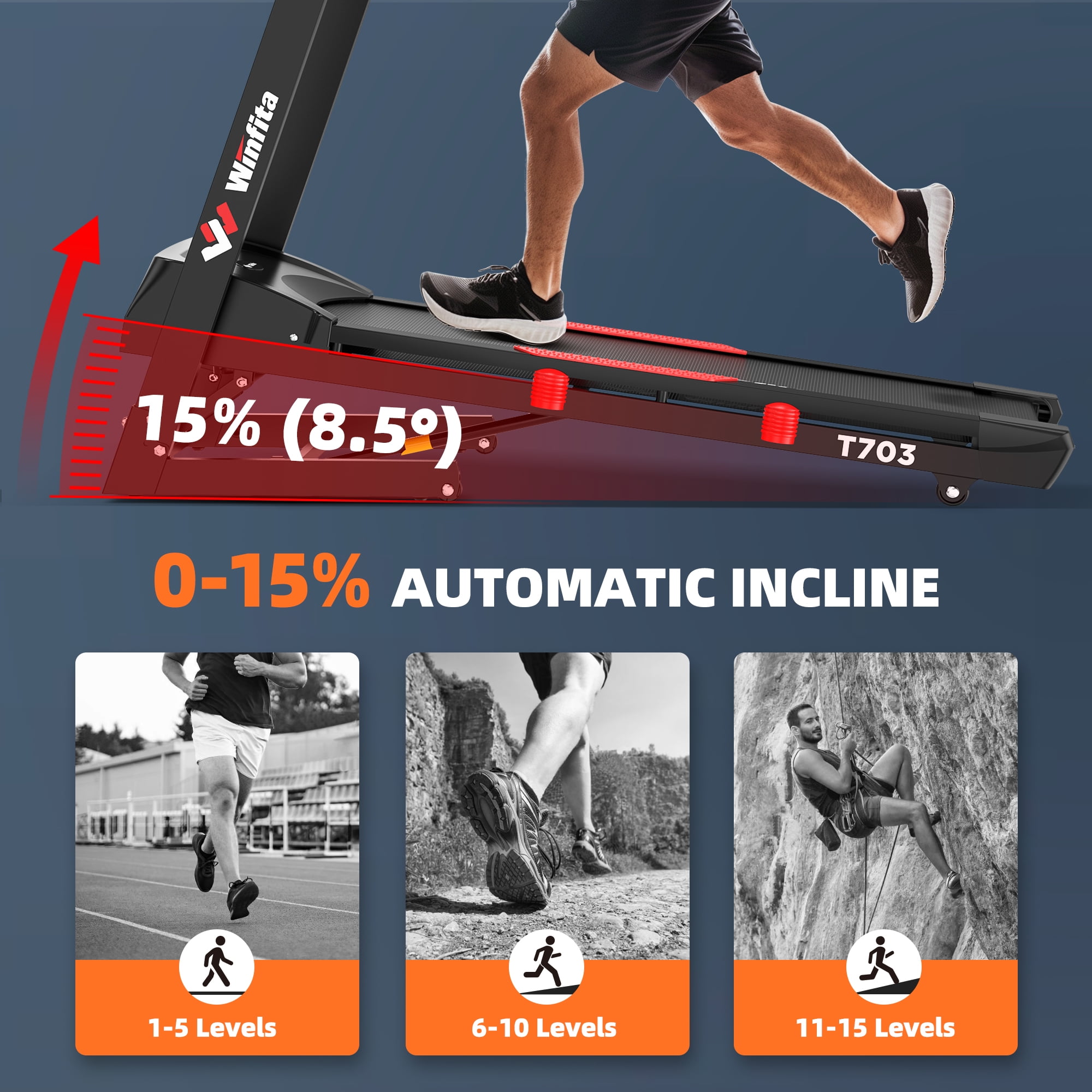 Winfita Treadmill with Auto Incline, Foldable Running Machine, 10 MPH Walking Pad Treadmill with Bluetooth/APP Control, 300 lbs Capacity
