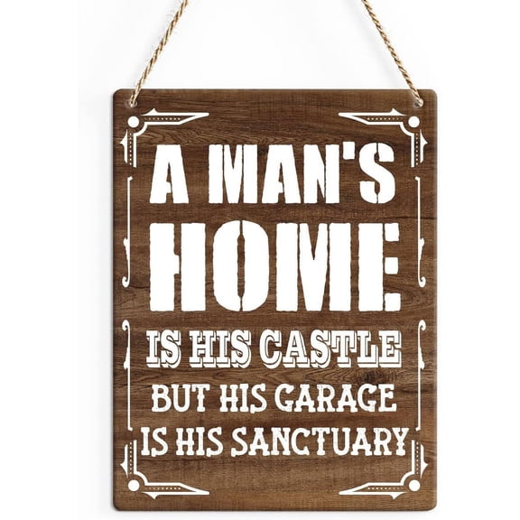 Rustic Garage Wood Decor Sign, a Man's Home is His Castle Printed Wood Sign Wall Art, Hanging Door Sign, Decorative Wood Sign Home Man Cave Garage Decor 8x10