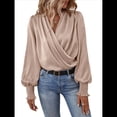 thumbnail image 3 of Camisa Elegante de Color Liso con Escote en V y Mangas Farol para Mujer Albaricoque M, 3 of 9