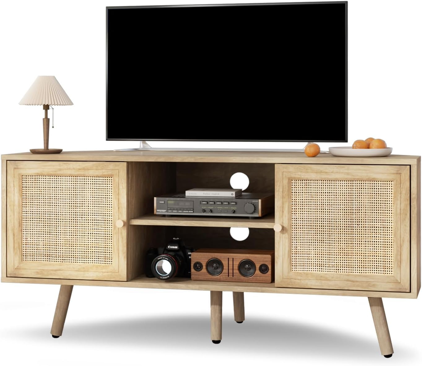 LAZZO Corner TV Stand for 55 Inch TV, Boho Entertainment Center with Rattan Doors, Storage Media Console with Solid Wood Feet & 2 Cord Holes, Natural, for Living Room