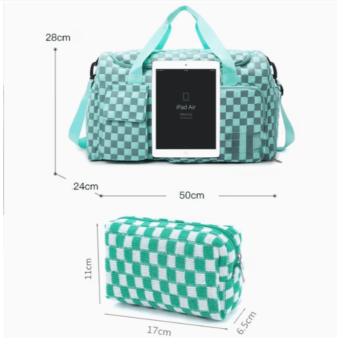2pcs Checkered Travel Duffel Bag with Makeup Bag for Women Foldable Gym Bag Carry On Weekender Bag with Shoe Compartment,Detachable Straps For Travel, Business And Fitness
