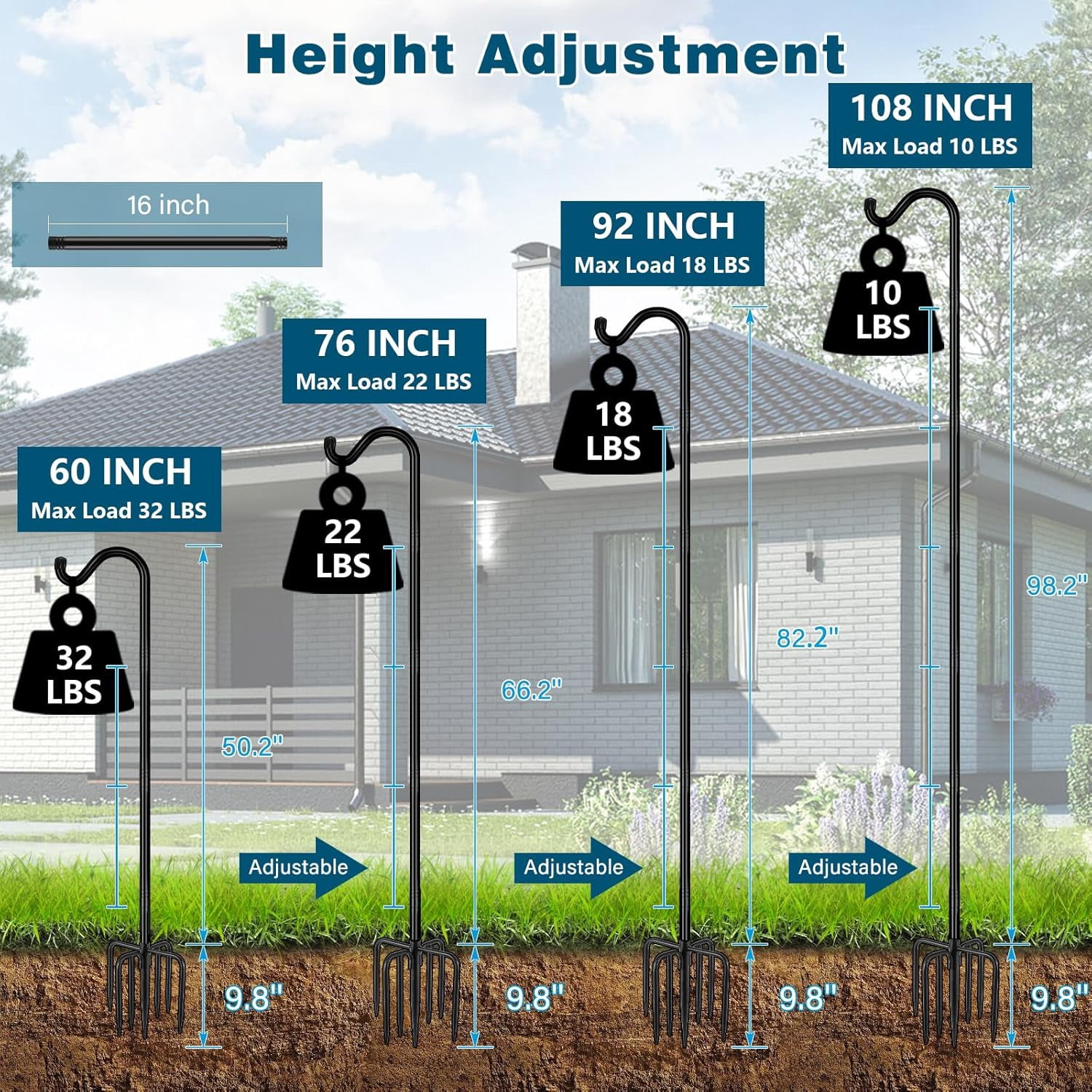 Shepherds Hook for Outdoor, 76 Inch Bird Feeder Pole with 7 Prongs Base, 3/4 Inch Thick Heavy Duty Adjustable Garden Hook for Hanging Plant, Hummingbird Feeder, Lantern, 2 Pack