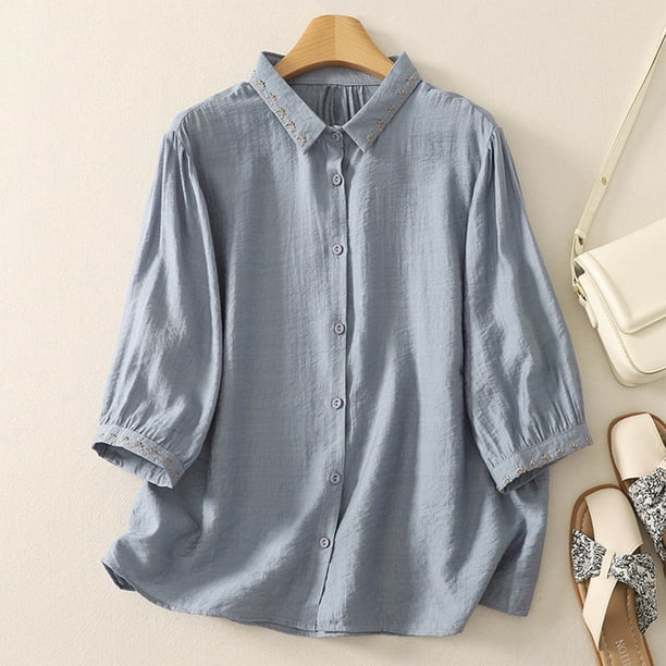 mfyjkho Tops Para Mujer, Blusa De Moda Para Mujer Con Cuello Vuelto, Mangas 3/4 Y Botones Bordados De Lino Sintético Tops De Tallas Grandes Xl