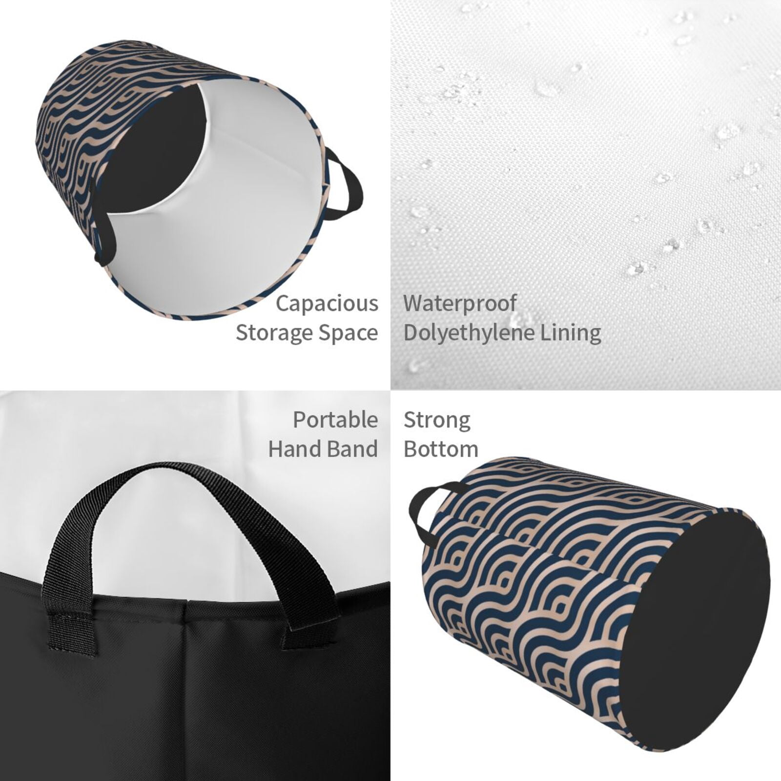 Large Laundry Basket with Handles - Navy Geometric Waves Kids Baby Dirty Clothes Laundry Hamper for Bedroom Aesthetic