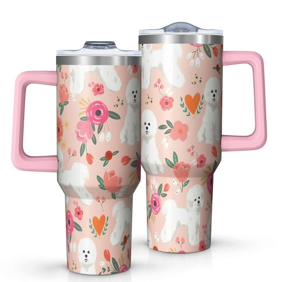 OBREWU Pink Bichon Frise and Flower Tumbler with Handle and Lid,Pink Bichon Frise and Flower 40oz Double Wall Vacuum Insulated Tumbler,Cups Gift for Women and Men