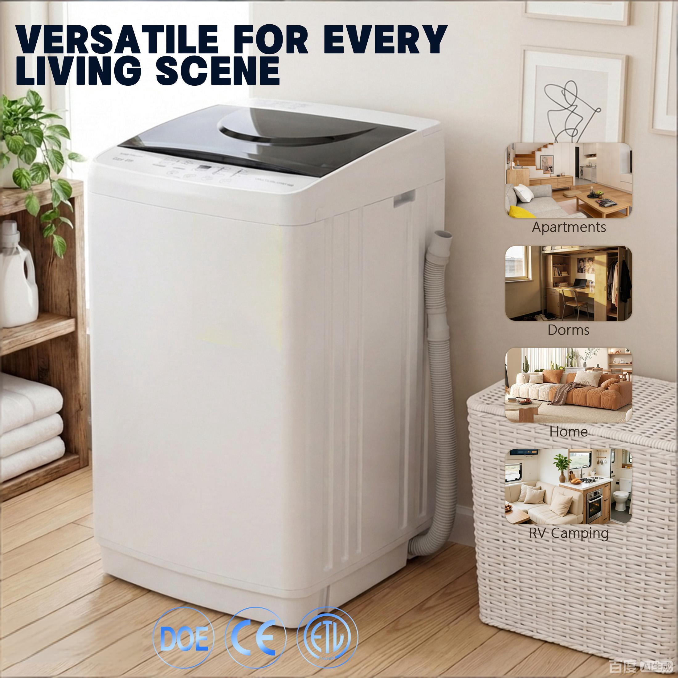edx Compact Washer, 7.7 LBS Fully Automatic Washing Machine with 10 Wash Cycles, Mini Washer for Homes, Apartments & Dorm Rooms, White