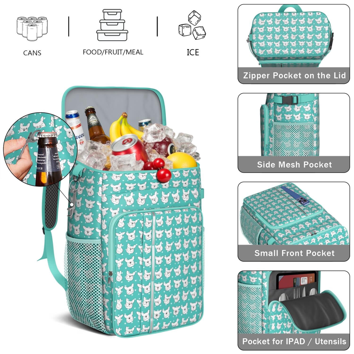 Travel Cooler Bag - Esign Of Head Pug Dog Camping Beer Cooler Backpack with Bottle Opener- Waterproof Insulated Picnic Backpacks - Cooler Bag for Beach