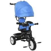 Qaba Multi-Function Baby Tricycle 4 In 1 Push Stroll/ Kid Trike with Parent Push Handle Adjustable Canopy Detachable Guardrail Safety Belt Foldable Footrest Storage Basket for Age 6-60 Months Blue