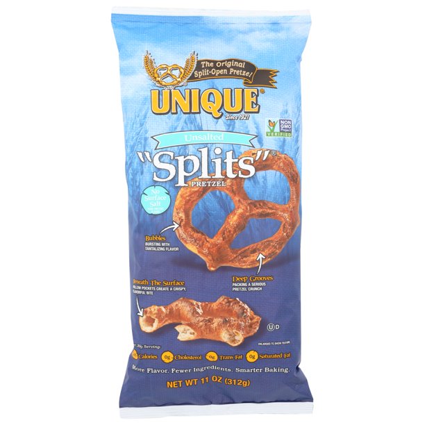 Unique Pretzels Pretzels Unsalted Splits, 11 Oz