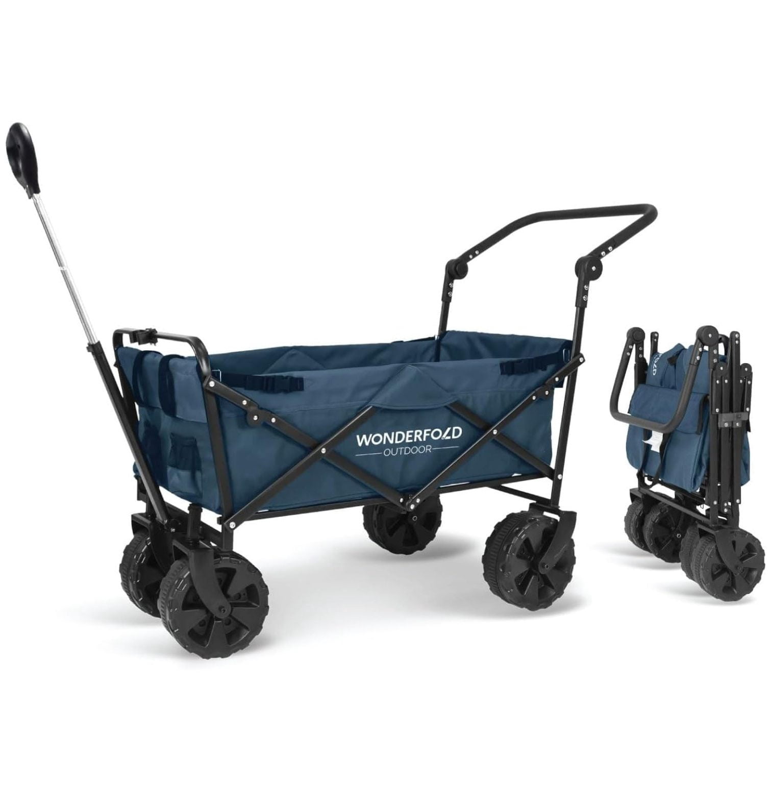 Push & Pull Utility Folding Wagon with Wide Beach Tires Featuring Adjustable Push Handle, Telescopic Pull Handle with Spring Bounce Technology, and Storage Pouch, Blue