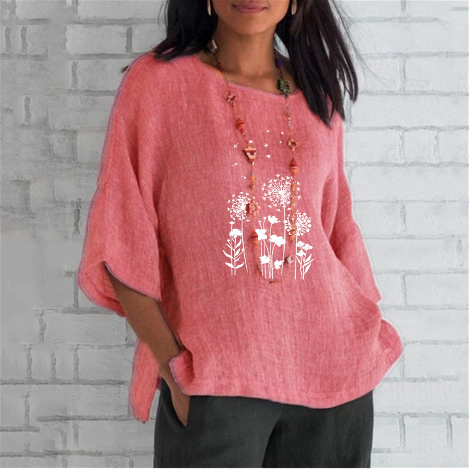 Lastesso Women's Cotton Linen Tunic Shirts Dandelion Print Summer Tops