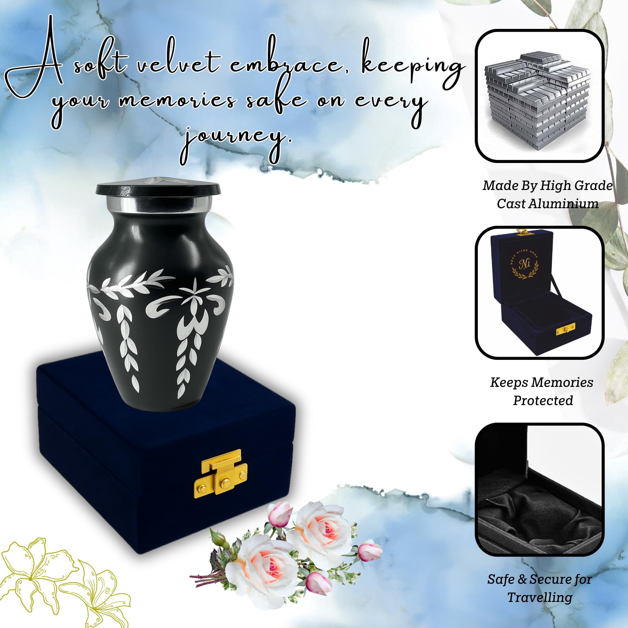 Nova NIche Gray Smoky Quartz Bloom Keepsake Cremation Urn with Handmade Floral Design, Keepsake for Human Ashes with Velvet Box - (3 in.)