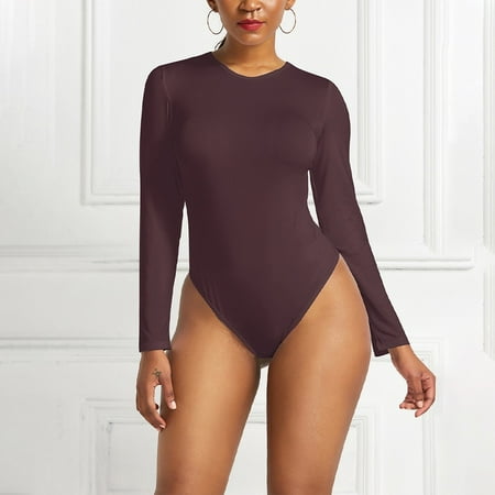 

Women Bodysuit Top Round Neck Long Sleeve Basic Slim Fit Solid Shapewear T-Shirt