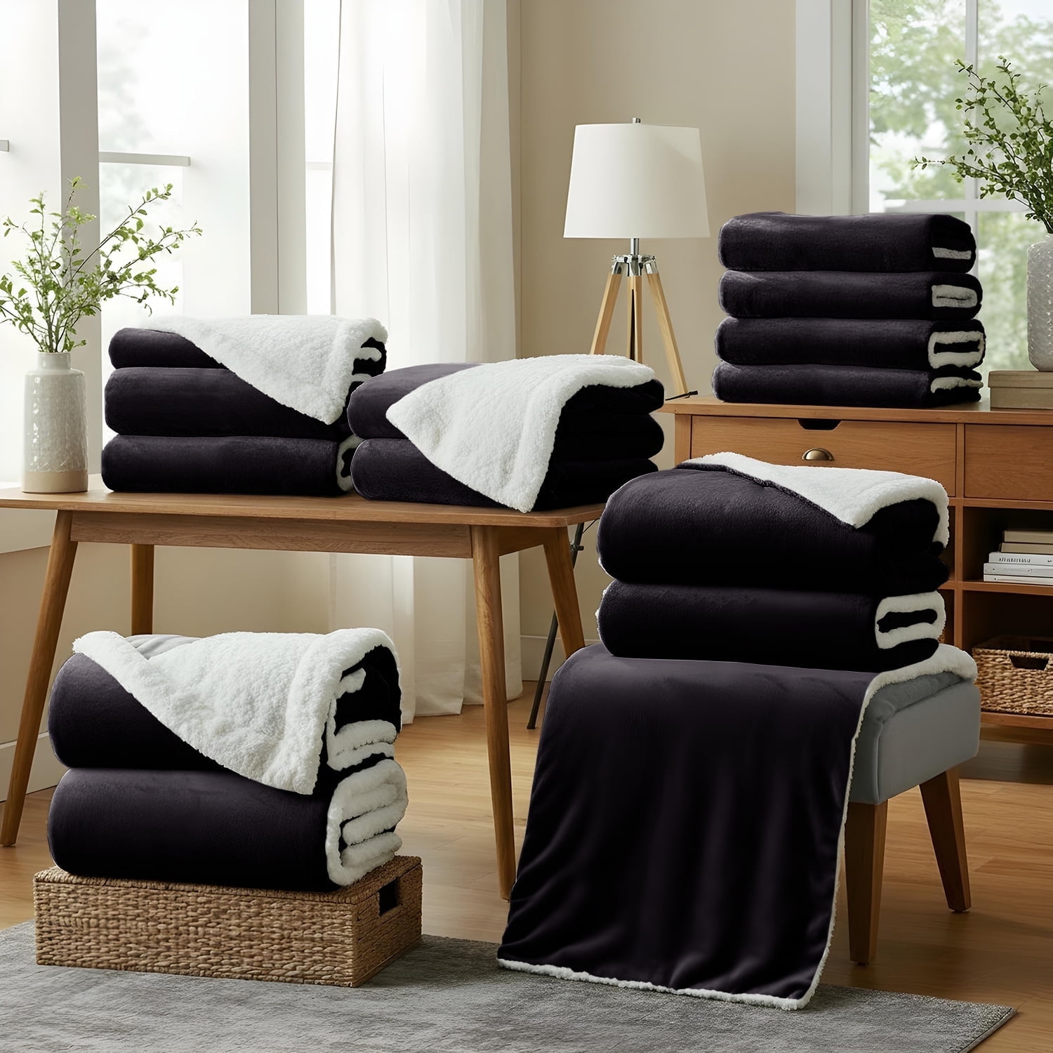 Moonlight20015 Wholesale Sherpa Fleece Throw Blankets 9-Packs Warm & Soft Plush Queen Size for Charity, Shelter, & Home Washable, Lightweight & Cozy Black