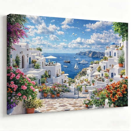 Santorini Greece Coastal Village Canvas Wall Art - Mediterranean Island Seascape Painting Print - Matte Finish Gallery Wrapped Tropical Travel Decor Ready to Hang 8*12