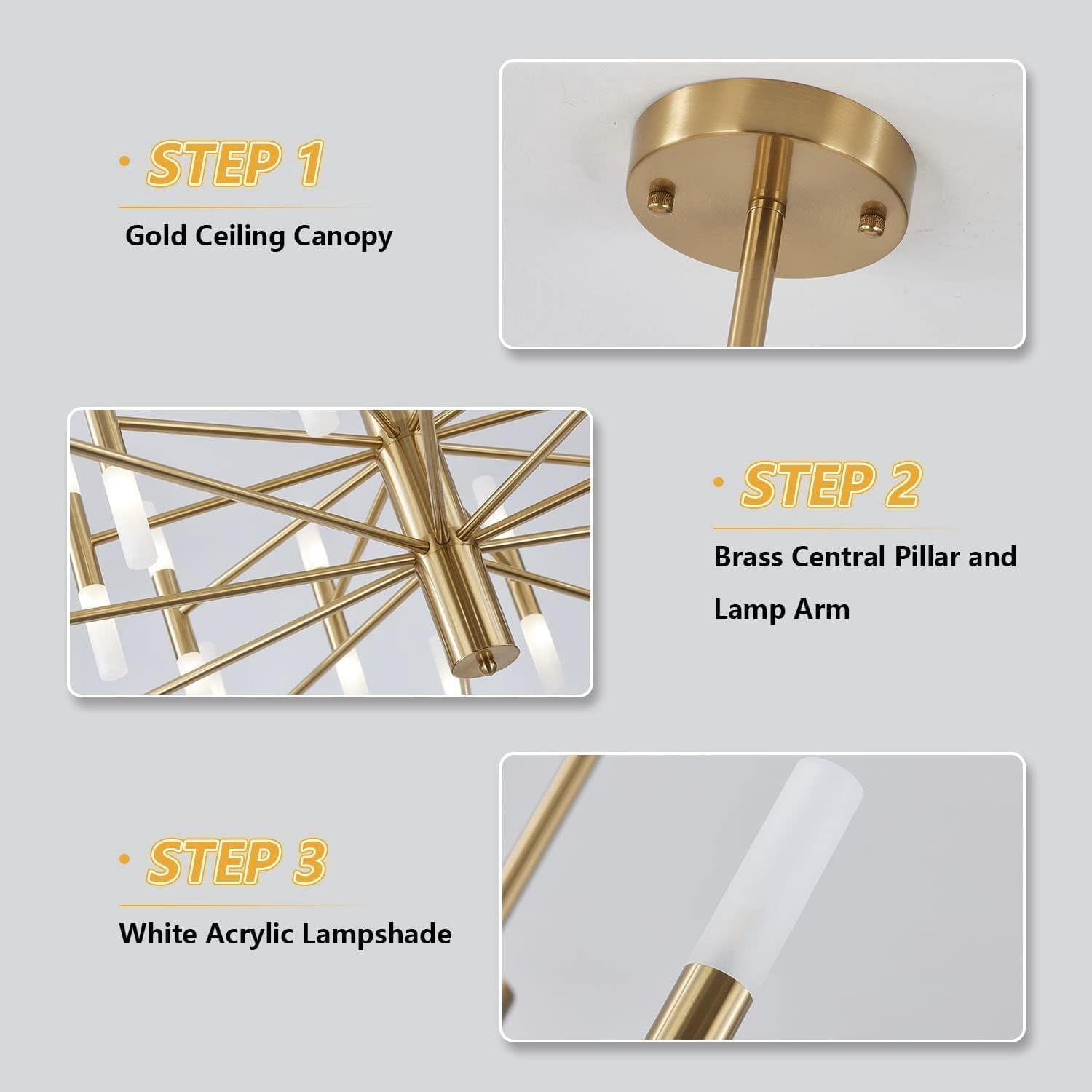 KCO Lighting Mid Century Modern Chandelier, Brass Gold Chandelier Light Fixture, Vintage Bedroom Sputnik Ceiling Light