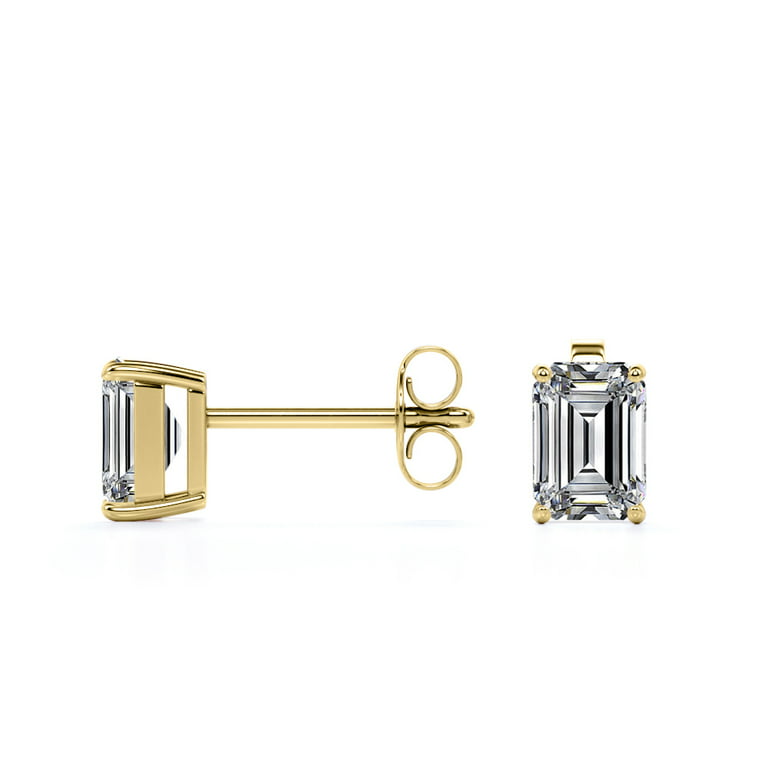 JeenMata Minimalist 2 Carat Emerald Cut Moissanite Solitaire Stud Earrings  In 18K Yellow Gold Plating Over Silver 