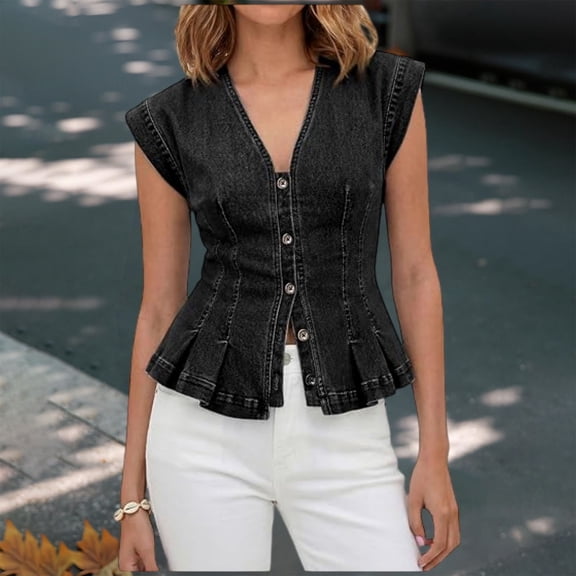 Holzkary Women's Denim Vest Tops Trendy 2026 Cap Sleeve Deep V Neck Button Down Y2K Fitted Pleated Sleeveless Jean Vest Tops for Women Classic Summer Crop Waistcoat Jacket Denim Tops Black S